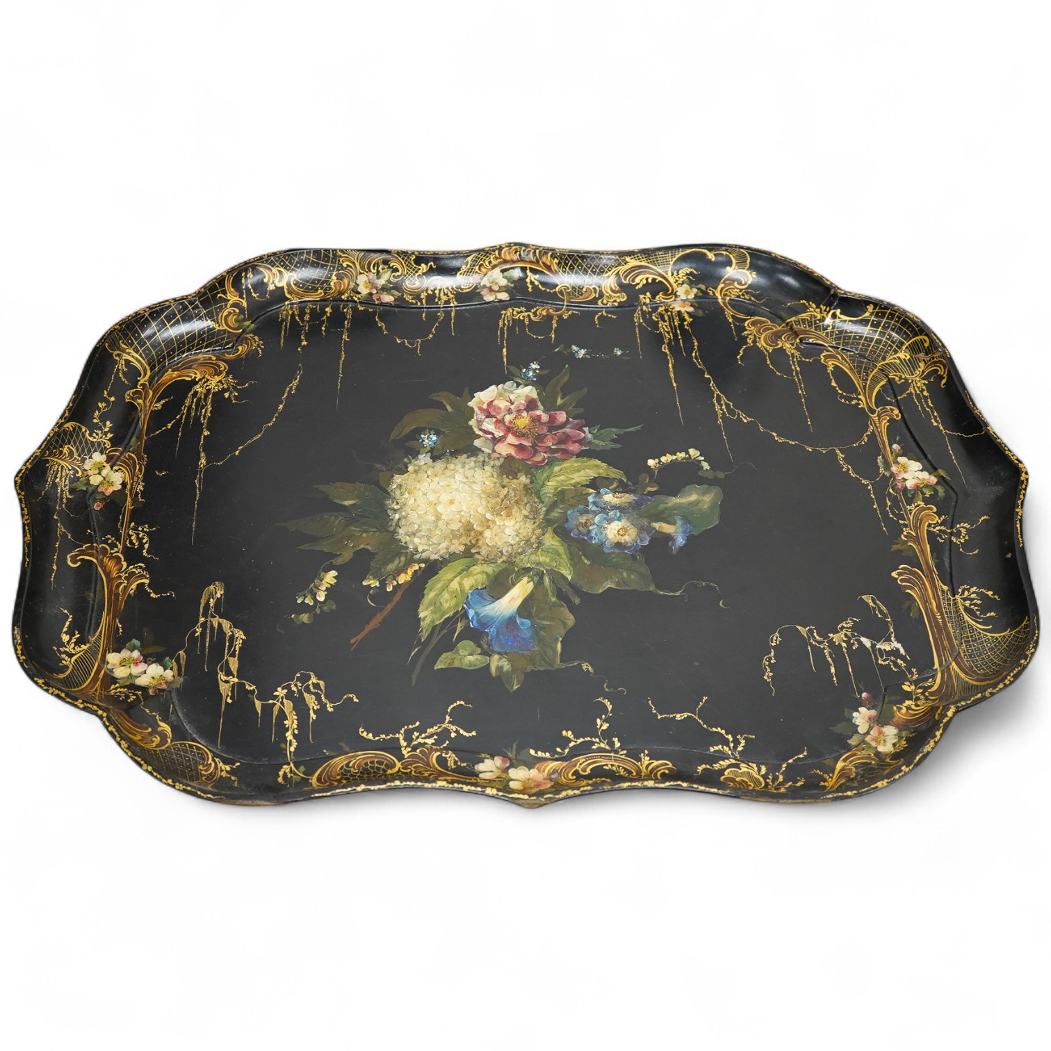A large Victorian papier maché painted and gilt tray, 79cm wide